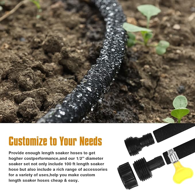 Soaker Hose 150ft for Garden Beds Solid Brass Interface Irrigation Save 70% Water Heavy Duty Rubber 1/2" Diameter Great for gardens/flower beds Accessories Contain Various Connections