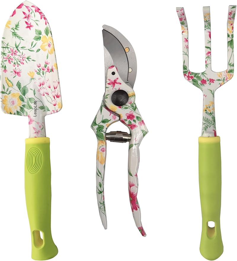 Pruning Shears, Large Soil Shovel, Dirt Rake, Gardening Daily Loosening and Pruning, Non-Slip and Durable, Gift for Men and Women(Gardening Tools Aluminum Set)(Lime Green Flower 3 PCS Tool)