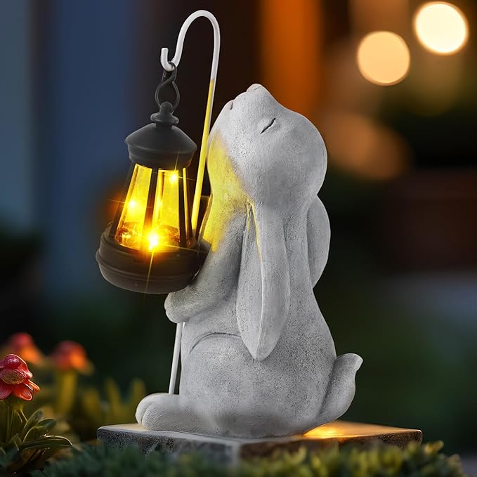 Solar Garden Outdoor Statues,Resin Rabbit Figurine Decorations with Solar Lantern, Outdoor Rabbit Art Decor for Lawn,Yard, Unique Housewarming Gift for Garden Home