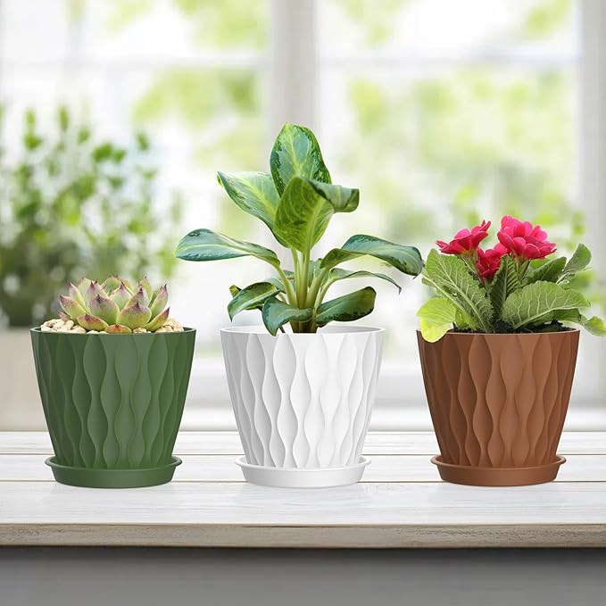6 Pack 4 Inch Small Plant Pots with Saucers, 3D Textured Plastic Planters with Drainage Holes for Indoor and Outdoor Plants, Flowers, Herbs, Succulents, and Seedlings, Colorful