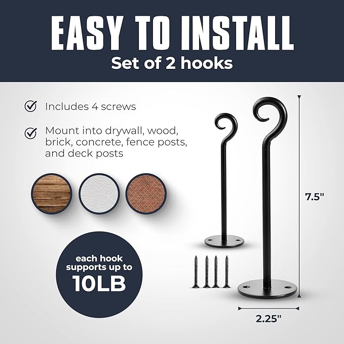 Monarch Abode Wall Mount Plant Hook Premium Metal Decorative Hanging Bracket for Plants Bird Feeders Planters Home Decor, Heavy Duty, 7.5 inch, Set of 2, Black