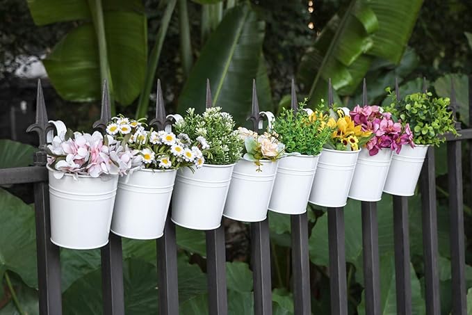 Dahey 10 Pcs Hanging Flower Pots Metal Iron Bucket Planter for Railing Fence Balcony Garden Home Decoration Flower Holders with Detachable Hooks, White, 5 inches