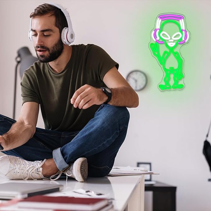 Alien Neon Sign for Wall Decor - Green Music Neon Light Dimmable Cool LED Light Up Sign for Music Studio, Game Room, Party, Bar, Man Cave Decoration