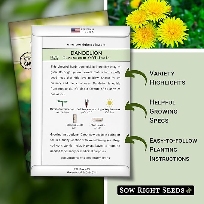 Sow Right Seeds - Common Dandelion Seeds for Planting - Non-GMO Heirloom Packet with Instructions to Grow an Outdoor or Indoor Herb Garden - Herbal Teas & Medicinal Uses - Great for Wildlife (3)