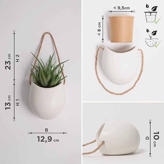 Wall Planters -Ellie- | Hanging Ceramic Plant Pots 3 Pieces | Wall Decoration for Indoors, Balcony and Garden | Cream (Matte)