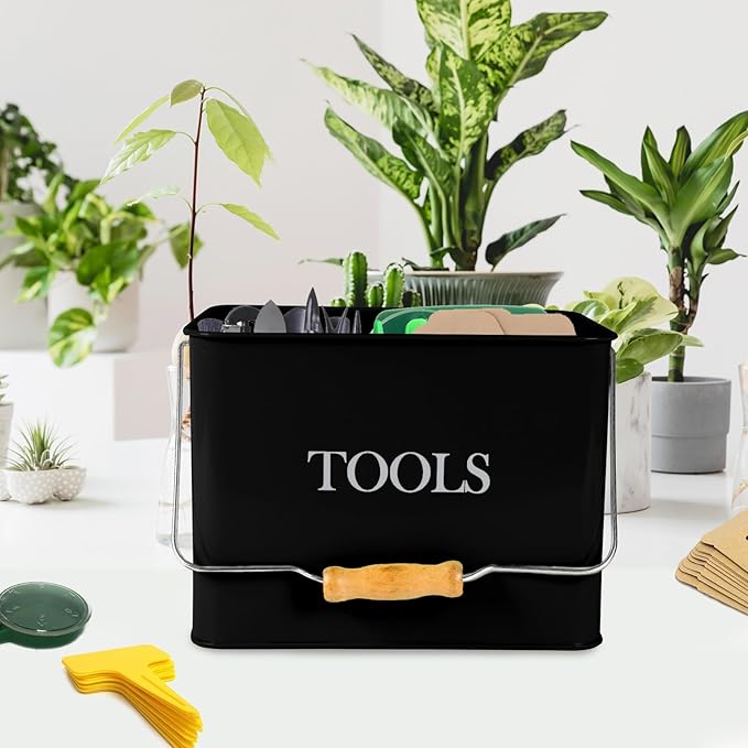 Metal Garden Tool Caddy, 3 Compartments Garden Tool Organizer with Handle, Garden Tool Box for Indoor and Outdoor, Gardening Tool Kit Holder Empty, Gardening Supplies, Gardener Gift (Black)