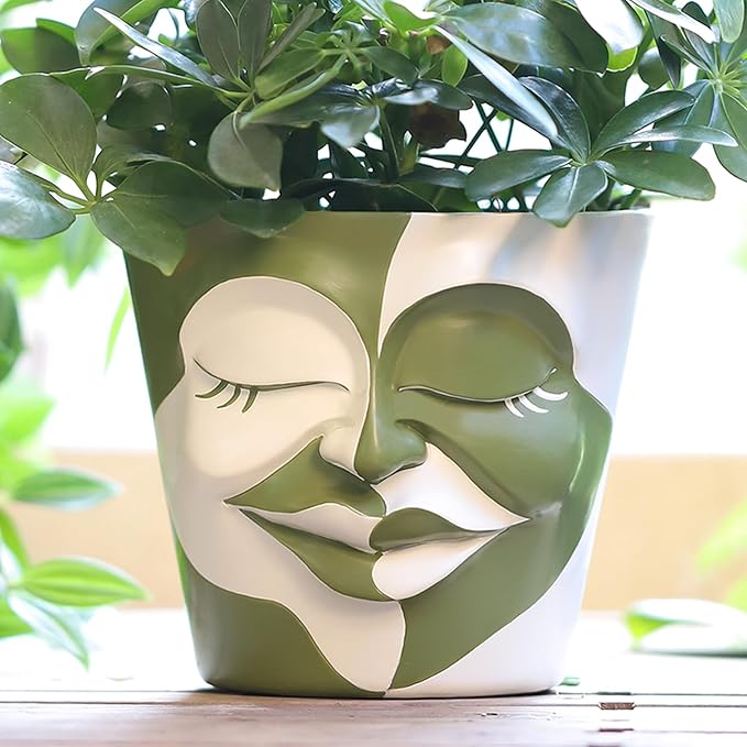GUGUGO Face Planters Pots with Drainage, Flower Plant Pots for Indoor Plants, Unique Funny Small Succulent Desk Vase for Plant Lover Gifts (Bicolor-Green & White, 5.5Inch)