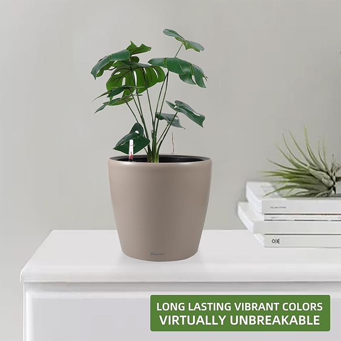 Dexceder 11x10 Inches Self Watering Planter Indoor Outdoor, Inner Pot Design, Thickened Table Flower Plant Pot with Water Level Indicator (Taupe Matte)