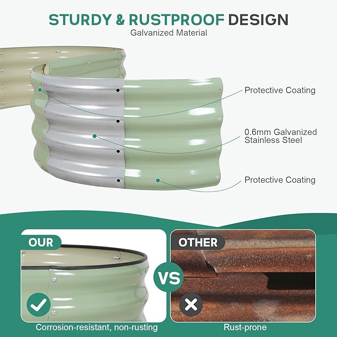 Galvanized Raised Garden Bed - 4×2×1ft (2 Packs) Planter Raised Beds for Gardening | Oval Metal Garden Planter Box with Safety Edging and Gloves for Vegetables Fruits Flower - AvocadoGreen