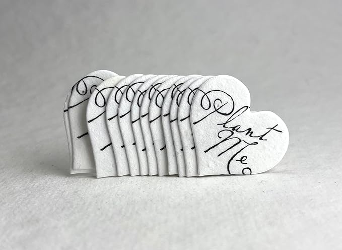 Of The Earth Handmade Paper - Wildflower Seed Paper Small Heart Tags - Calligraphy Variations - 1.75" X 1.5" - Set of 50 (Plant Me)