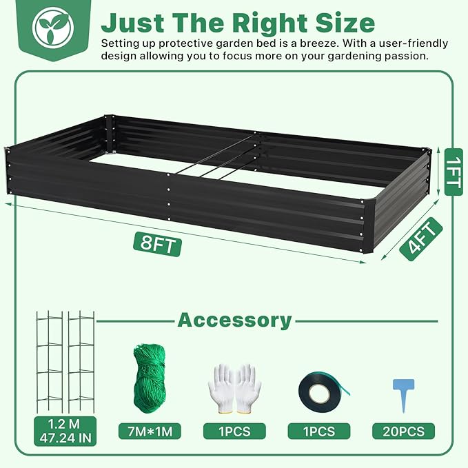 ONCEMORE Galvanized Raised Garden Bed for Vegetables Flowers Herbs, Metal Raised Garden Bed Kit with 2 PCS Tomato Cage, Gloves, Trellis Netting, Plant Labels, Plant Ties, Black 8×4×1FT
