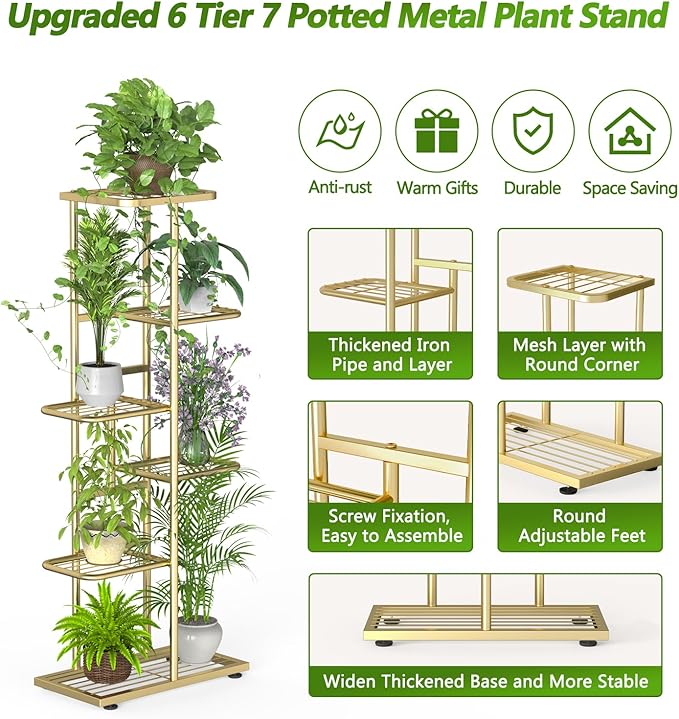6 Tier 7 Potted Gold Plant Stand Indoor Outdoor with Gardening Tools and Gloves, Upgraded Corner Metal Plant Rack Shelf for Multiple Plants, Tall Flower Pot Holder Display for Patio, Balcony,