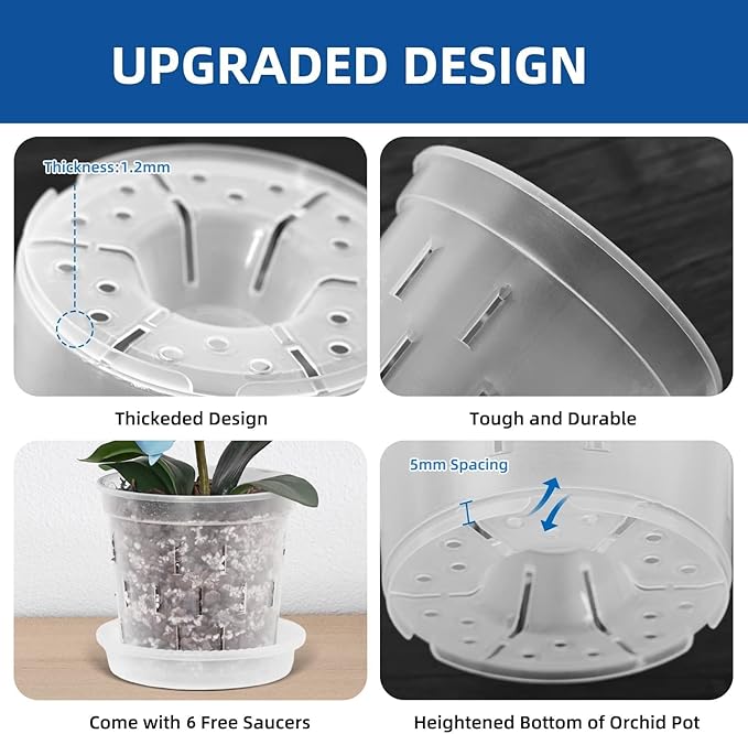 TRUEDAYS 6 Pack Orchid Pot with Saucers, 6 Inch Clear Orchid Pots with Holes, Plastic Planter with Trays, Breathable Slotted Orchids Planters for Indoor Outdoor Plants