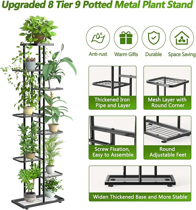 Corner Plant Stand Indoor 8 Tier 9 Potted with Gardening Tools and Gloves, Upgraded Tall Metal Plant Shelf Organizer Outdoor, Multiple Flower Holder Display Rack for Patio, Garden, Balcony, Living