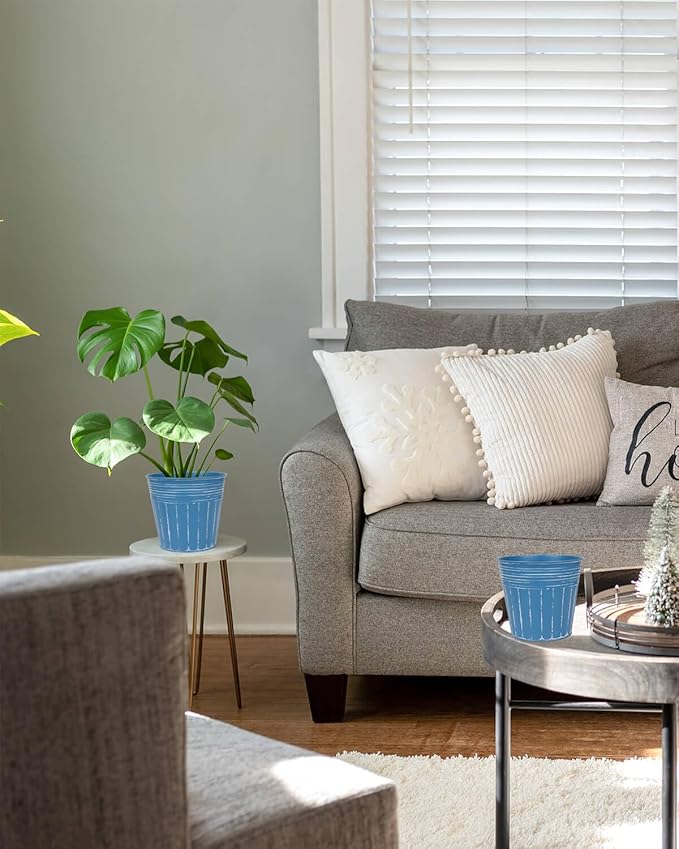 vensovo 5 Inches Blue Metal Rustic Flower Pots - 6 Pcs Small Galvanized Planters with Drainage Hole and Rubber Plug, Rustproof Tin Bucket Plant Pot Farmhouse Vintage Style for Decor