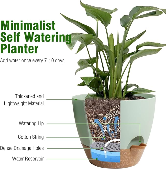 WOUSIWER 10 inch Self Watering Planters, 2 Pack Large Plastic Plant Pots with Deep Reservior and High Drainage Holes for Indoor Outdoor Plants and Flowers, Green with Terracotta
