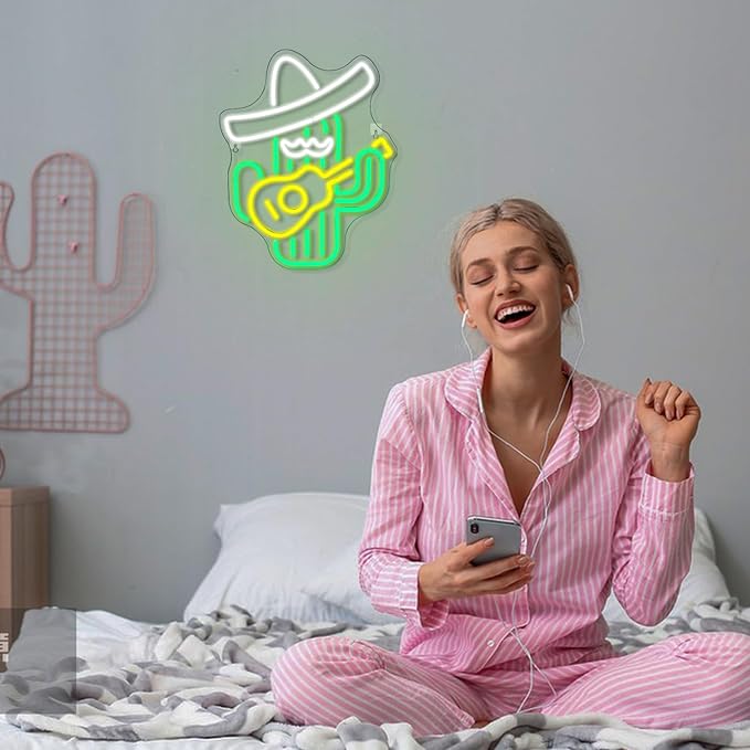 WLHOPE Cactus Neon Sign Cowboy Hat Neon Signs Green Led Neon Signs for Wall Decor, Guitar Cactus Neon Led Signs USB Anime Neon Light for Bedroom Game Room Kids Room Home Bar Party Shop Gift