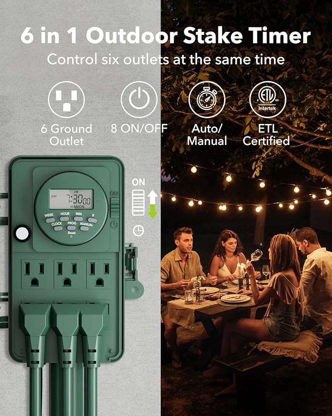 BN-LINK 7 Day Programmable Outdoor Power Stake Timer, 6 Outlets, 6FT Extension Cord Waterproof, Ideal for Outdoor Christmas Decorations & Garden, ETL Listed