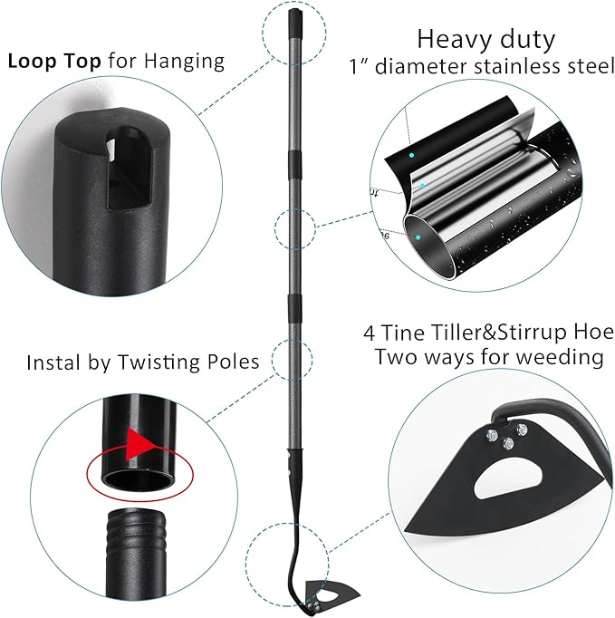 Garden Hoe for Weeding Tool, Heavy Duty Dutch Weeding Hoe Gardening Hand Hoe for Women Kids Men, Metal Garden Weeder Rake Weed Puller for Lawn Long Handle 30-55 inch