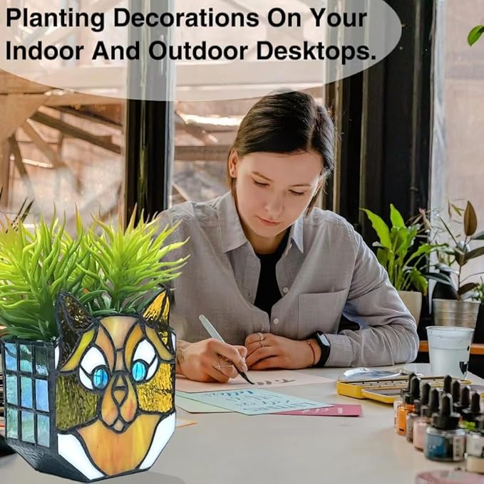 Stained Glass Yellow Cat Planter, Indoor Plant Tabletop Plant Display, Yellow Cat Small Plant Pot, Cat Terrarium Decor, Cat Decor Gift 4.6x3x5.15 in(Excluding Plants)