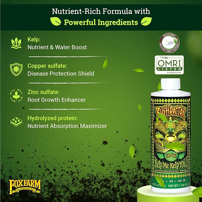 FoxFarm Bushdoctor Kelp Me Kelp You Fertilizer, Liquid Seaweed Extract for Plants, Vegetables, & Flowers - Promotes Root Growth & Soil Health - Perfect for Hydroponics & Soil, NPK 0.5-0-0.5 (Pint)