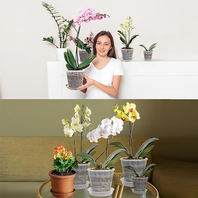 12Pcs Orchid Pot, 3 Each of 4.5, 5.5, 6.3 and 7.5 Inch Orchid Pots with Holes and Saucers, Clear Orchid Pots for Repotting, Plastic Plant Pot(3 Each of 4.5,5.5, 6.3,7.5in with Saucers)