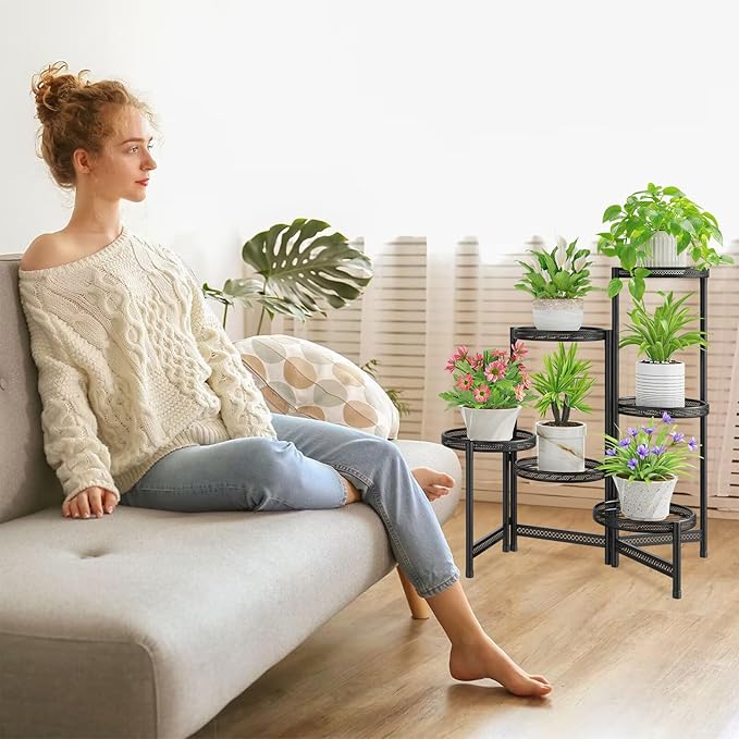 iDavosic.ly 6 Tier Large Plant Stand Indoor with 10 Inch Wide Tray, Tiered Corner Metal Outdoor Flower Display Holder Shelf, Folding Tall Rack for Patio Porch Balcony, Black Iron Carving