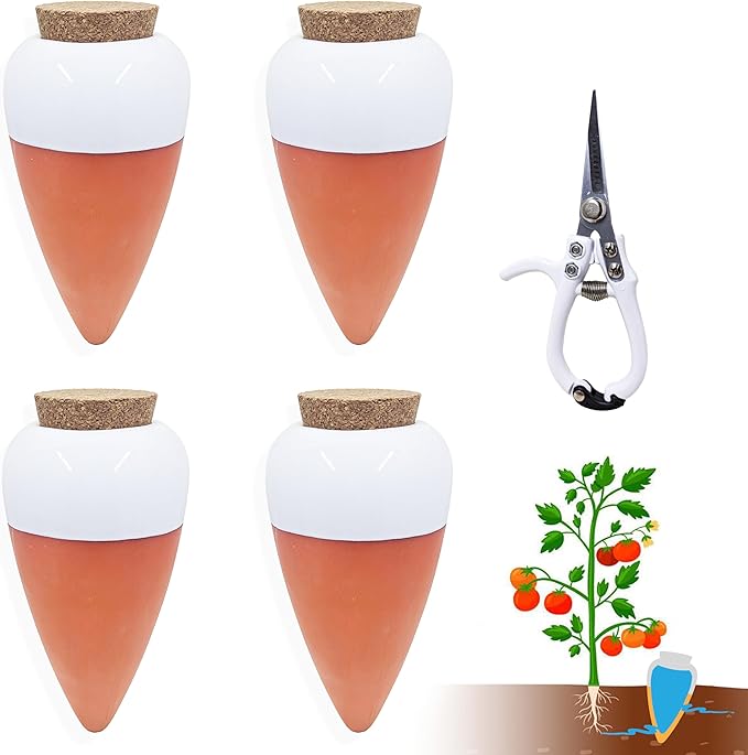 Plant Self Watering Globes - Terracotta Watering Spikes - Slow Release Olla Pots - Holds 16 oz - Drip Irrigiation Olla System - Bonus Garden Shears