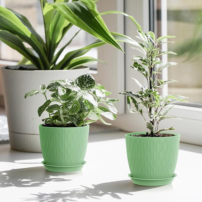7 inch Flower Pots, 5 Pack Plant Pots with Drainage Holes and Saucers for Indoor Plants, Plastic Planters with Water Ripple for Small Garden House Plants, Nursery Pots for Succulent, Green