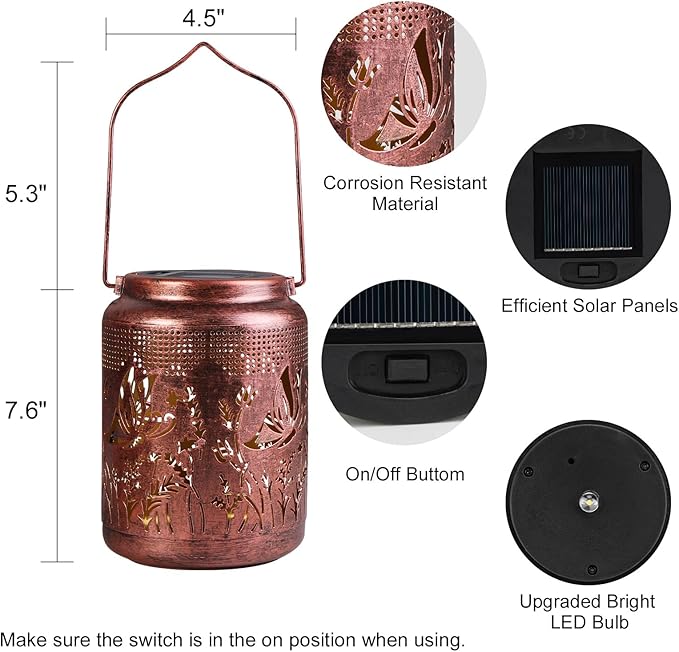 pearlstar Solar Lanterns Outdoor Waterproof Hanging Solar Lights Metal Butterfly Gifts for Women Mom Grandma Decor for Garden Yard Patio Balcony Path