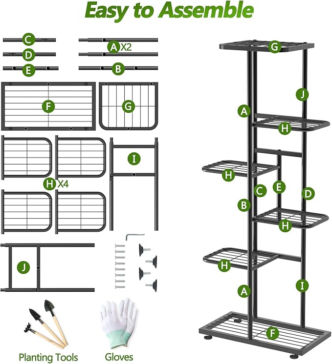 6 Tier 7 Potted Black Plant Stand Indoor Outdoor with Gardening Tools and Gloves, Upgraded Corner Metal Plant Rack Shelf for Multiple Plants, Tall Flower Pot Holder Display for Patio Living Room