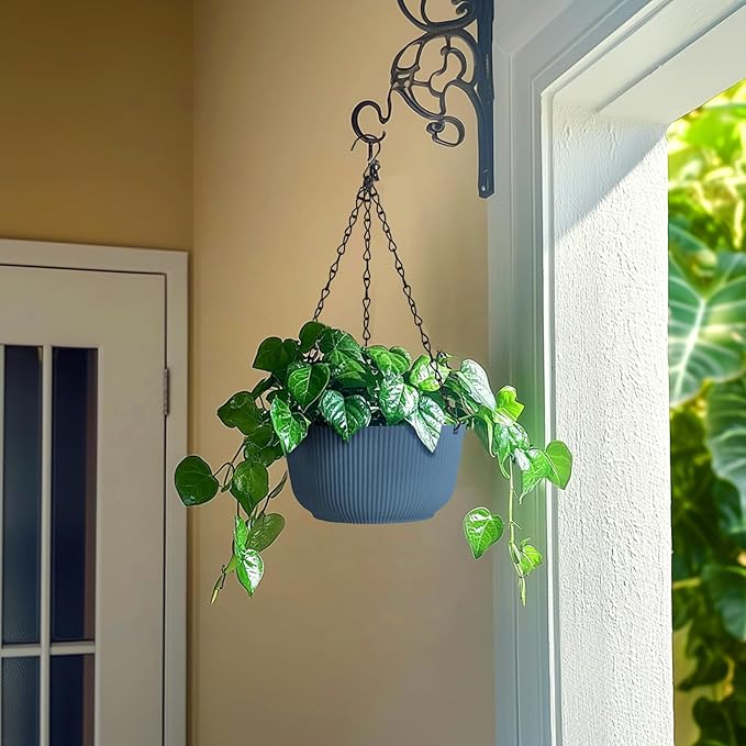T4U 8 Inch Hanging Planters for Indoor Outdoor Plants, Self Watering Hanging Pot Pack of 2, Hanging Pots with Drainage Hole & Plug & Chain with 3 Hooks for Garden Home Decor, Blue