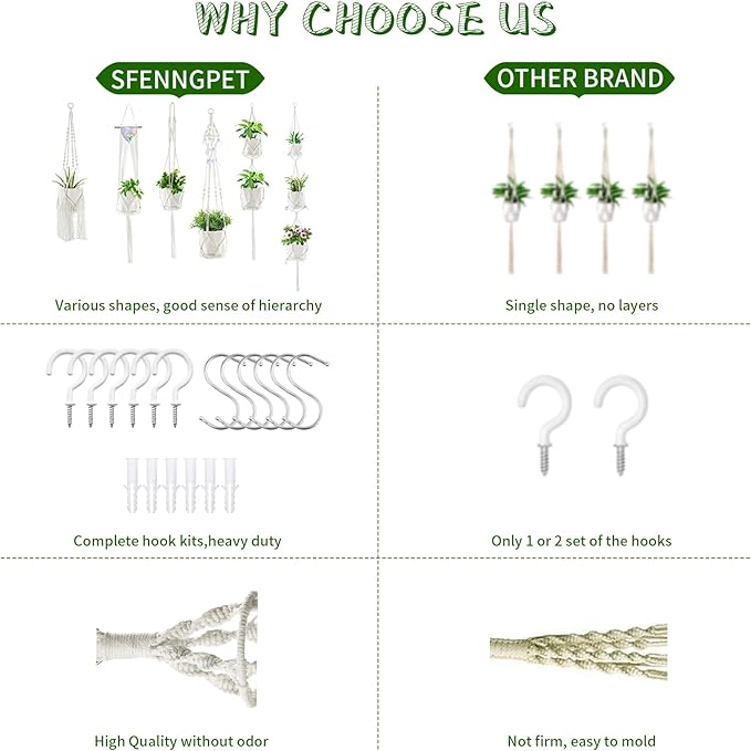 Macrame Plant Hangers, 6Pack Hanging Planters for Indoor Plants w/ 6 Set Hangers Kit Handmade Macromay Plant Hangers Indoor Flower Pots Holder Stand for Boho Home Décor (POTS NOT Included)