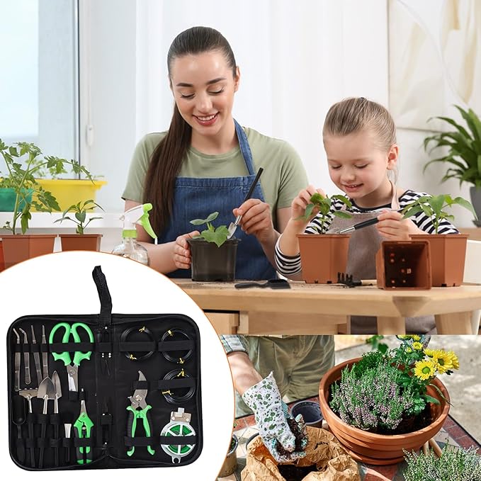 Bonsai Tools Kit 20 Pcs Garden Tools Set for Beginner, Includes Bonsai Wire Kit, Plant Mat, Pruning Shears, Bonsai Scissors, Succulent Tools in Leather Storage Bag, Gardening Gift for Women Men