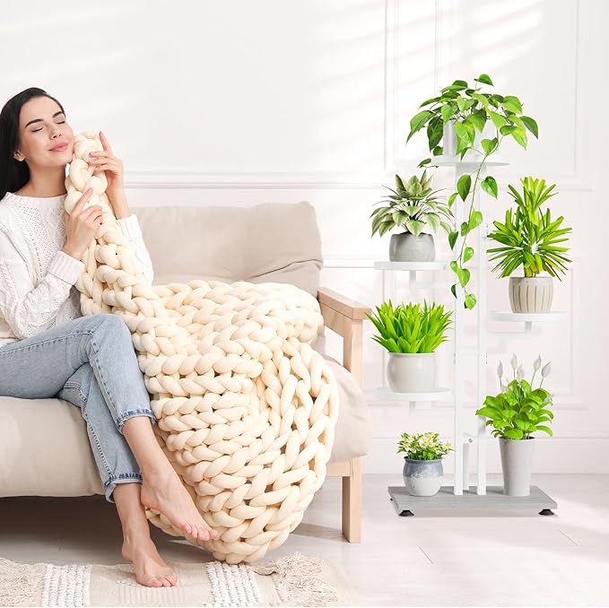 iDavosic.ly 5 Tier Plant Stand Indoor Outdoor, Tiered Corner Multiple Flower Pot Holder Shelf, Metal 34 Inch Tall Display Rack for Patio Porch Living Room Garden Balcony Bedroom, White