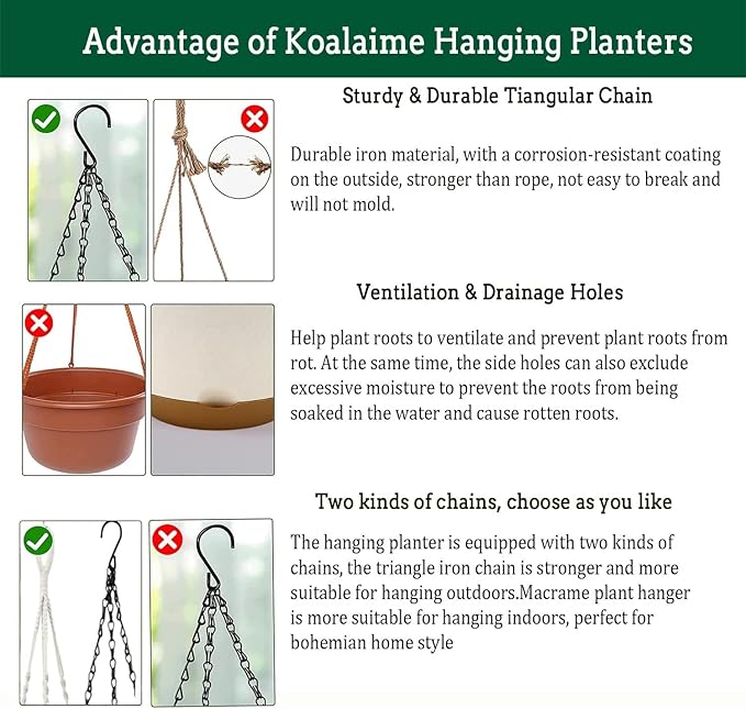 3 Pack Hanging Planters Set, 8 Inch Indoor Outdoor Hanging Plant Pot Basket,Hanging Flower Pot with Drainage Hole with 3 Hooks for Garden Home(8 inch Combination)
