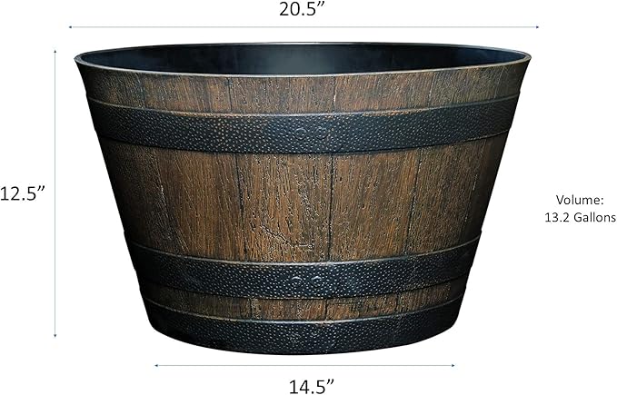 Classic Home and Garden Whiskey Plastic Resin Flower Pot Barrel Planter, Walnut Brown, 20.5" (Pack of 2)