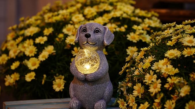 Solar Dog Garden Statues - 8.4 "Dog Decor with Gazing Ball Solar LED Lights, Unique Gifts for Mom Grandma Birthdays & Dog Lovers, Outdoor Decor for Outside Lawn Porch Patio (Gray)