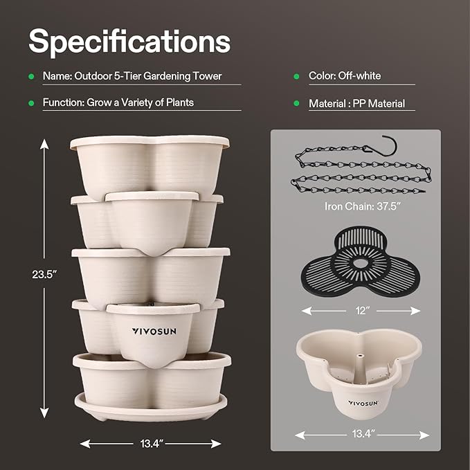 VIVOSUN 2-Pack 5 Tier Vertical Gardening Stackable Planter for Strawberries, Flowers, Herbs, Vegetables, Ivory