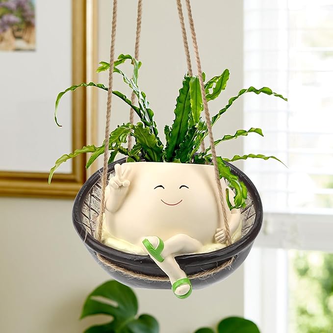 Hanging Swing Chair Planter Pot Resin Smile Face Plant Pot for Indoor Outdoor Plants Cute Head Flower Pots for Succulent String of Pearls Unique Gift for Mother's Day, Birthday