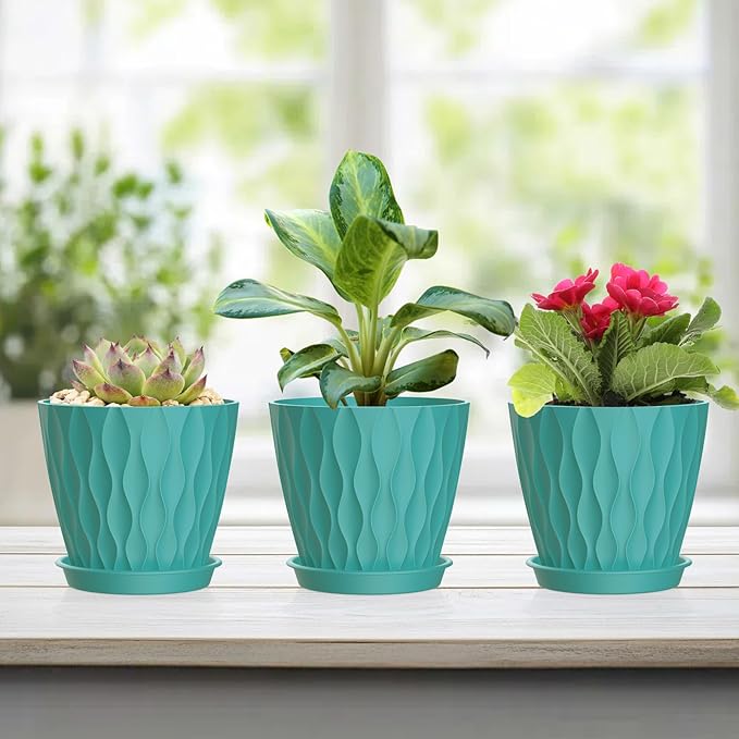 12 Pack 4 Inch Small Plant Pots with Saucers, 3D Textured Plastic Planters with Drainage Holes for Indoor and Outdoor Plants, Flowers, Herbs, Succulents, and Seedlings, Blue