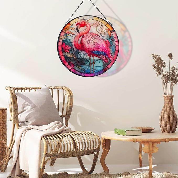 RIVEENY Flamingos Sun Catcher Stained Glass,8" Flamingos Gifts for Women,Stained Glass Window Hanging,Red Birds Sun Catchers for Windows, Hand Painted Glass for Birds Lover