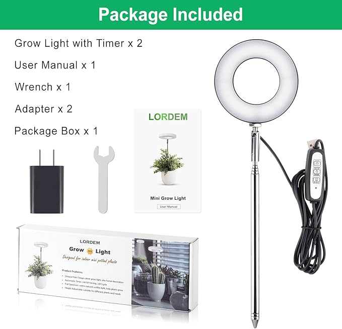 LORDEM Plant Grow Light, Full Spectrum LED Plant Light for Indoor Plants, Growing Lamp with Auto On/Off Timer, 4 Dimmable Brightness, 2 Packs of Black