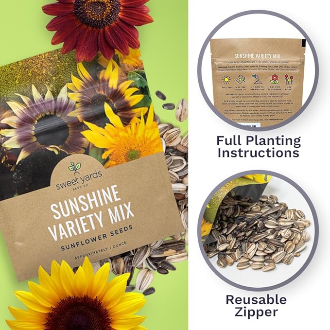 SWEET YARDS Sunflower Variety Mix 10 Types of Beautiful Sunflowers - Bulk 1 Ounce Packet - Open Pollinated Sunflower Seeds