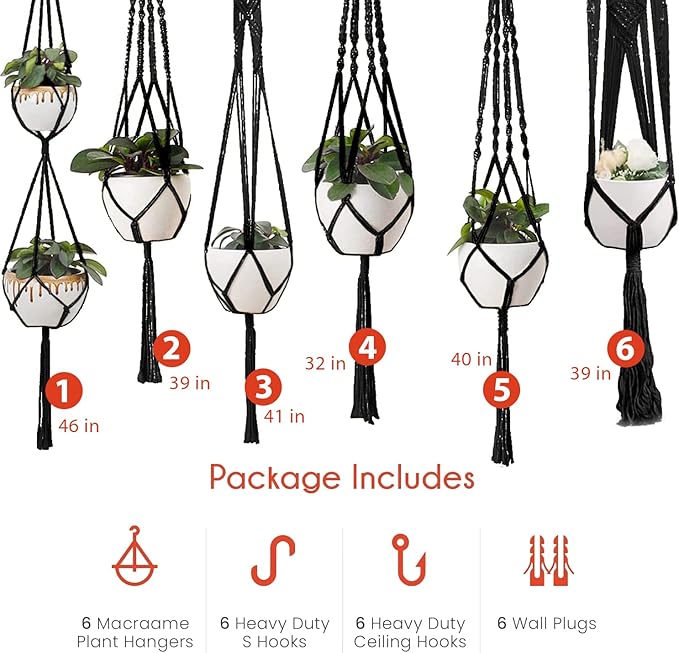 Macrame Plant Hangers - 6 Pack, Black, Indoor/Outdoor, Cotton