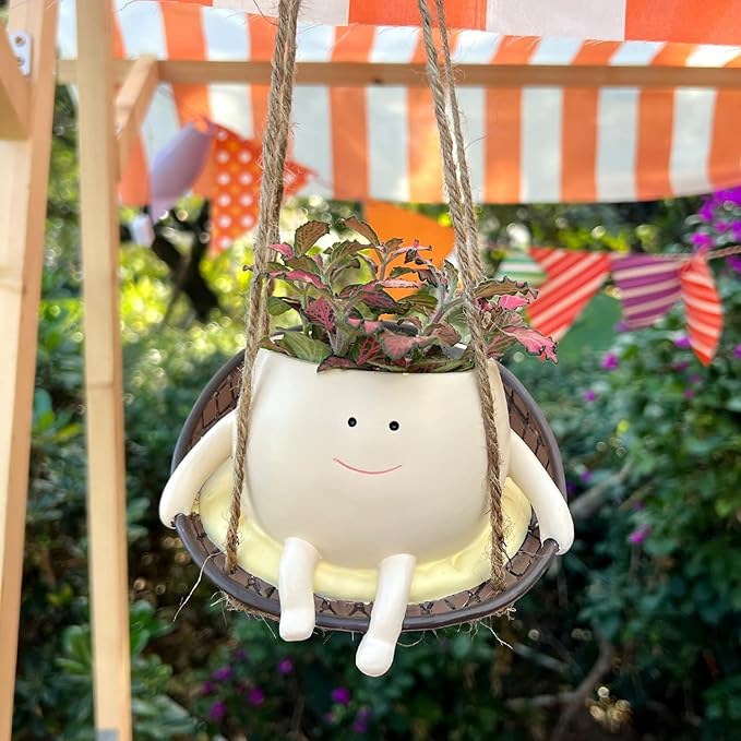 Hanging Swing Chair Planter Pot Resin Smiley Face Planter for Indoor Outdoor Plant Cute Head Flower Pots for String of Pearls Plant Live Unique Gift IdeaI for Mother Day, Christmas (Small)