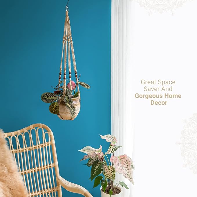 Mkono 3 Pack Macrame Plant Hangers Indoor Different Size Hanging Planter Basket Flower Pot Holder with Beads No Tassels 35"/29"/23", Medium, Brown