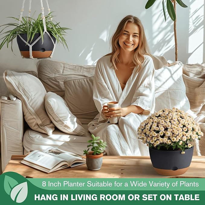Set of 2-8 Inch Hanging Planters for Indoor Plants with Self-Watering Includes Hanging Pots for Plants, Outdoor Hanging Plant Pot with Drainage, and 2 Types of Hanging Baskets Hangers (Black)