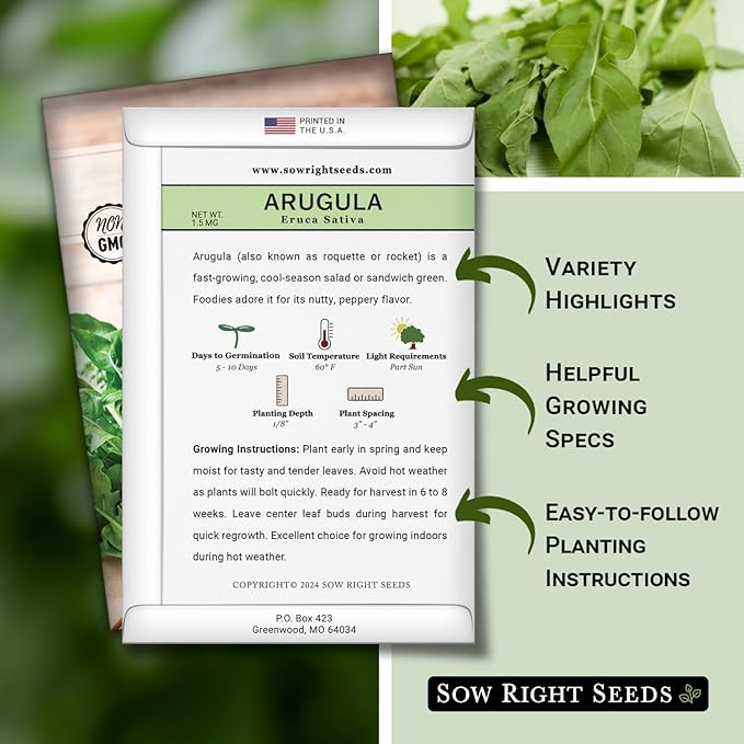 Sow Right Seeds - Arugula Seeds for Planting - Non-GMO Heirloom Seeds with Instructions to Plant a Home Vegetable Garden - Indoors, Hydroponics or Outdoors - Salad Greens - Grow Kitchen Herbs (3)