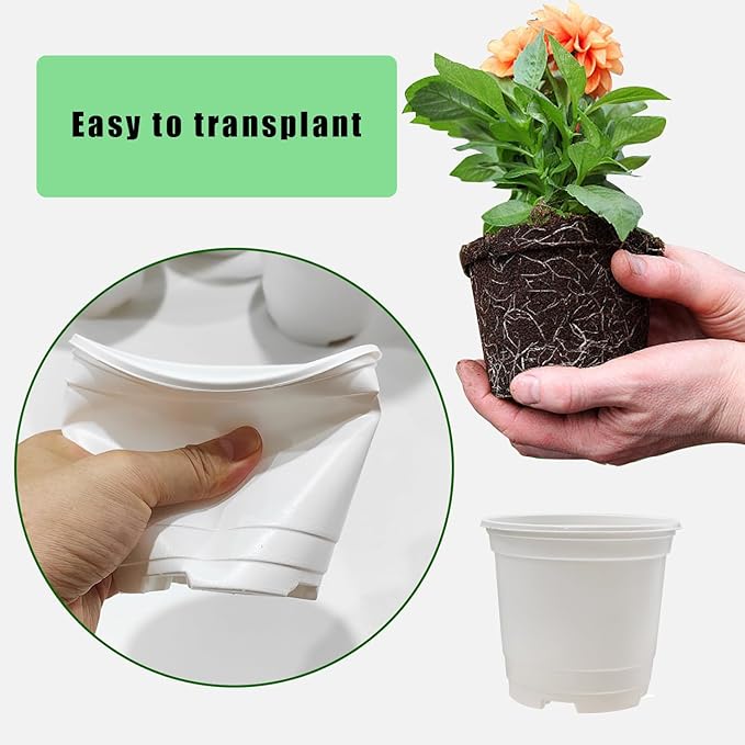 10CM White Seedling Pots 4 inch New Material Planter Pots 50 Pcs, Soft and Sturdy Bottom Transplanting Pots with 50Pcs Screen Pads(50Pcs,4Inch,White